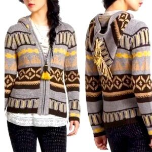 Anthropologie Sparrow Fair isle Knit zip front Fringe Hooded Sweater Size